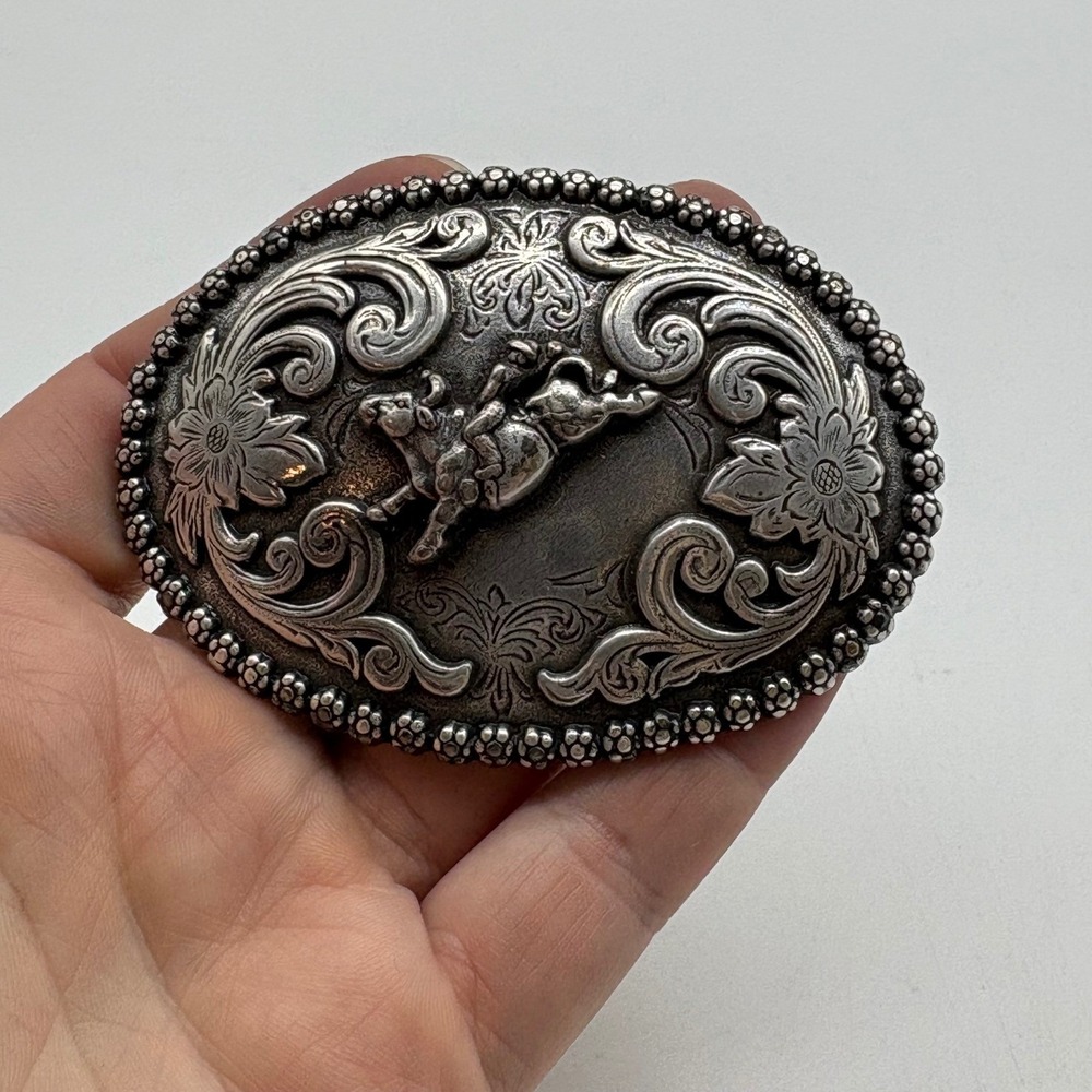Nocona Bull Rider Belt Buckle Boys Silver Tone Floral Scrollwork Oval Western